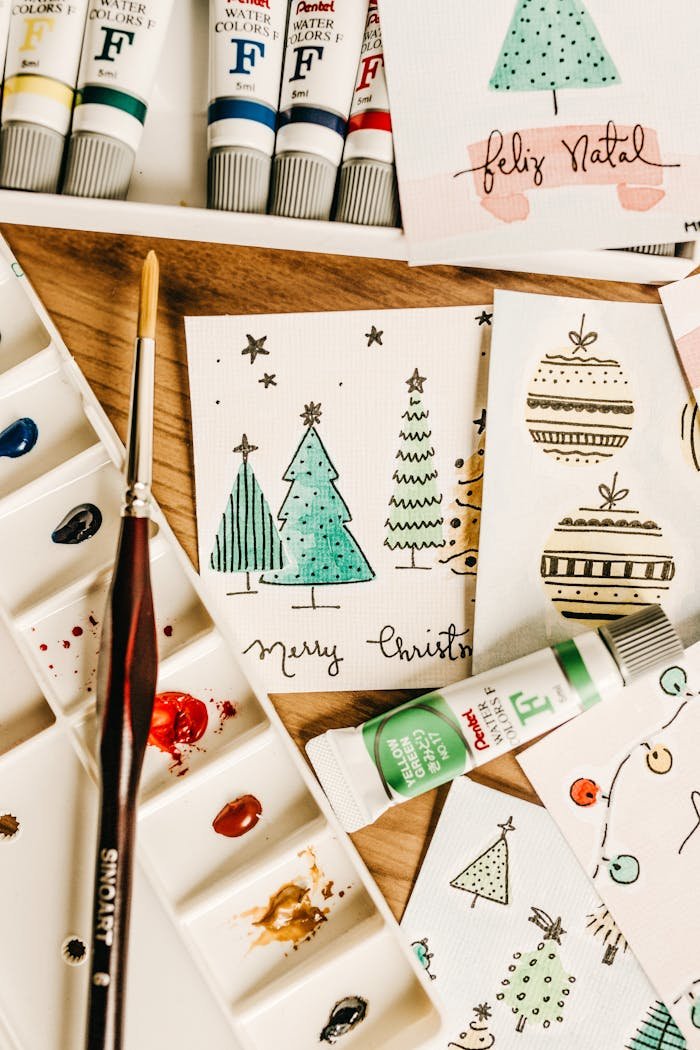 Home Creative handcrafted Christmas cards with watercolor art using tubes and brush.