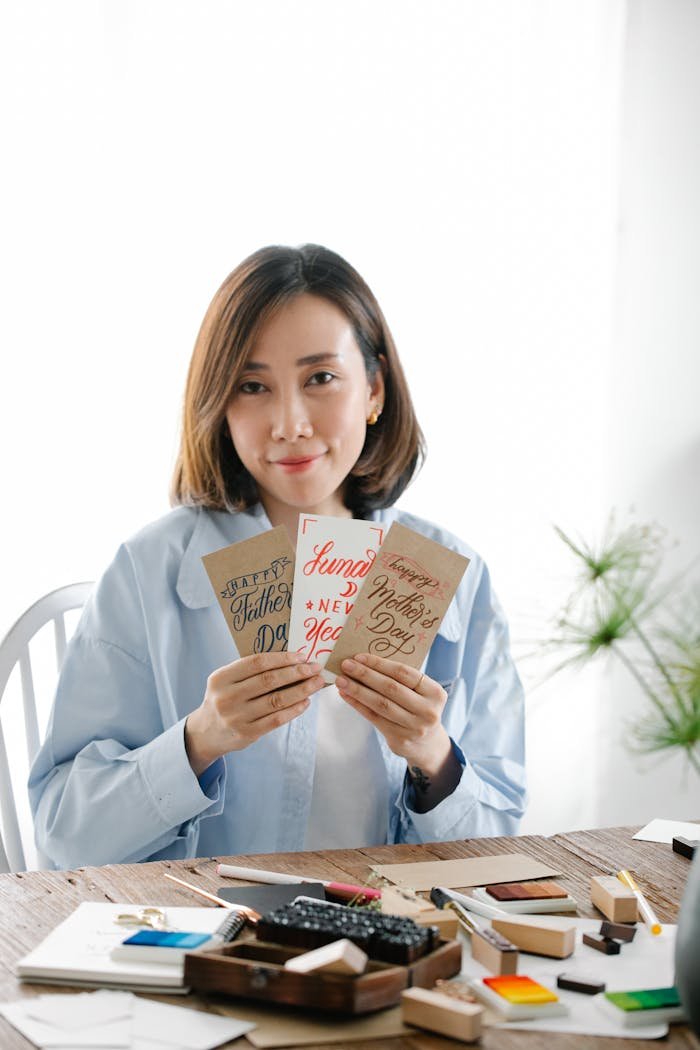 Cheerful woman holding festive greeting cards in bright indoor setting.